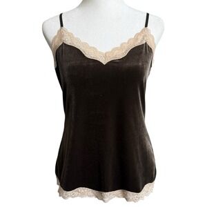 Vintage Y2K Lace Velvet Cami Tank Top S/M Chocolate Brown 90s Preppy Fairy